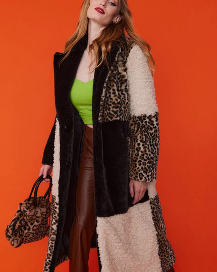 Winter Fashion: Mocha Maxi Faux Fur Coat with Leopard Print Patchwork - Faux Fur Coats - Buy Me Fur Ltd