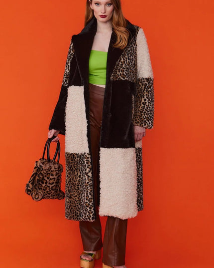 Winter Fashion: Mocha Maxi Faux Fur Coat with Leopard Print Patchwork - Faux Fur Coats - Buy Me Fur Ltd