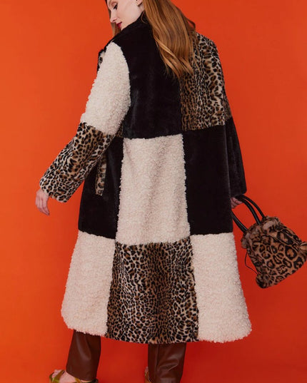 Winter Fashion: Mocha Maxi Faux Fur Coat with Leopard Print Patchwork - Faux Fur Coats - Buy Me Fur Ltd