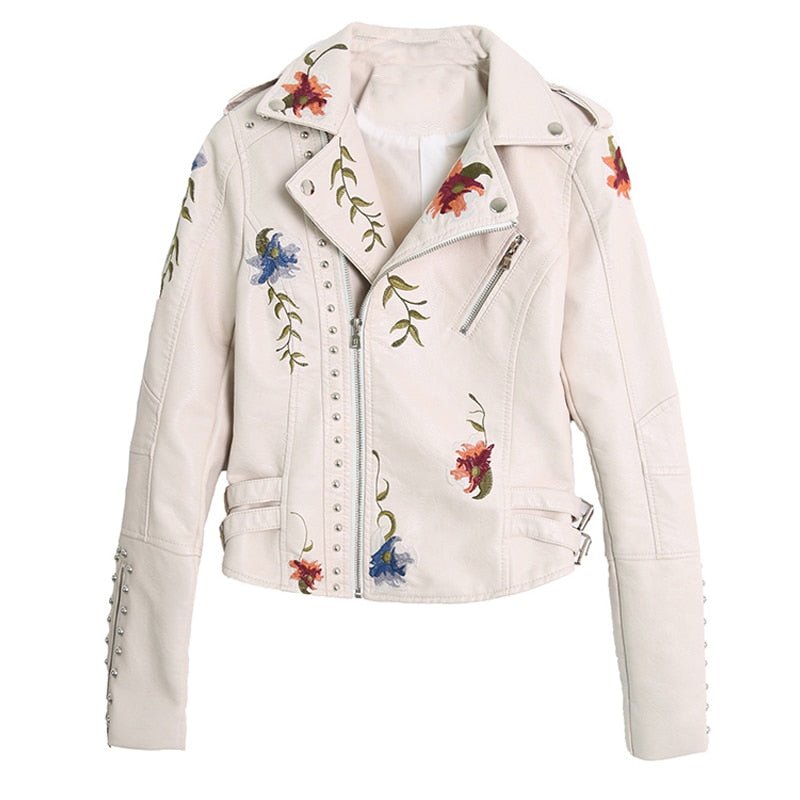 Women Floral Embroidered Faux Leather Jacket