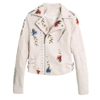 Women Floral Embroidered Faux Leather Jacket