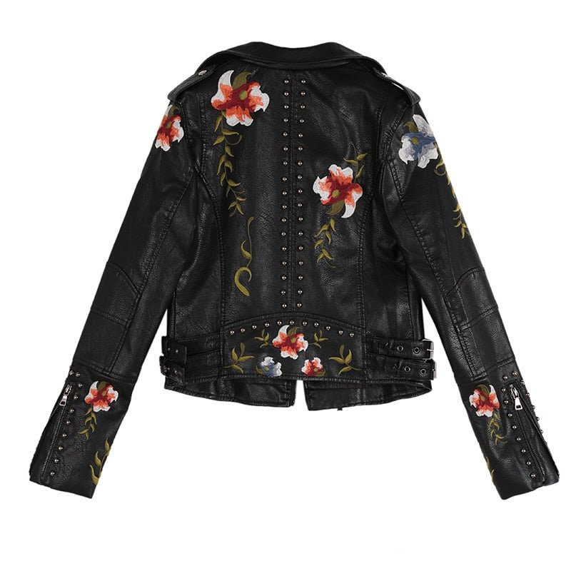 Women Floral Embroidered Faux Leather Jacket