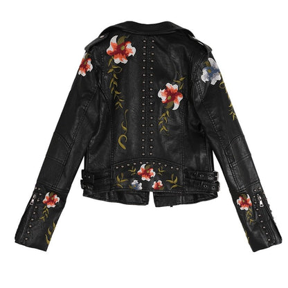 Women Floral Embroidered Faux Leather Jacket