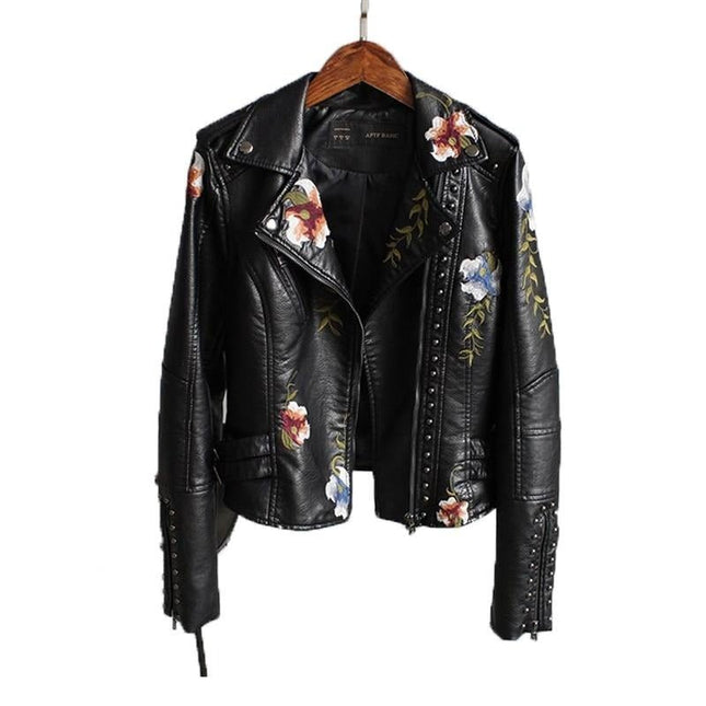Women Floral Print Embroidery Faux Soft Leather Jacket Coat Turn - down Collar Casual Pu Motorcycle Black Punk Outerwear - n/a - Vimost Shop