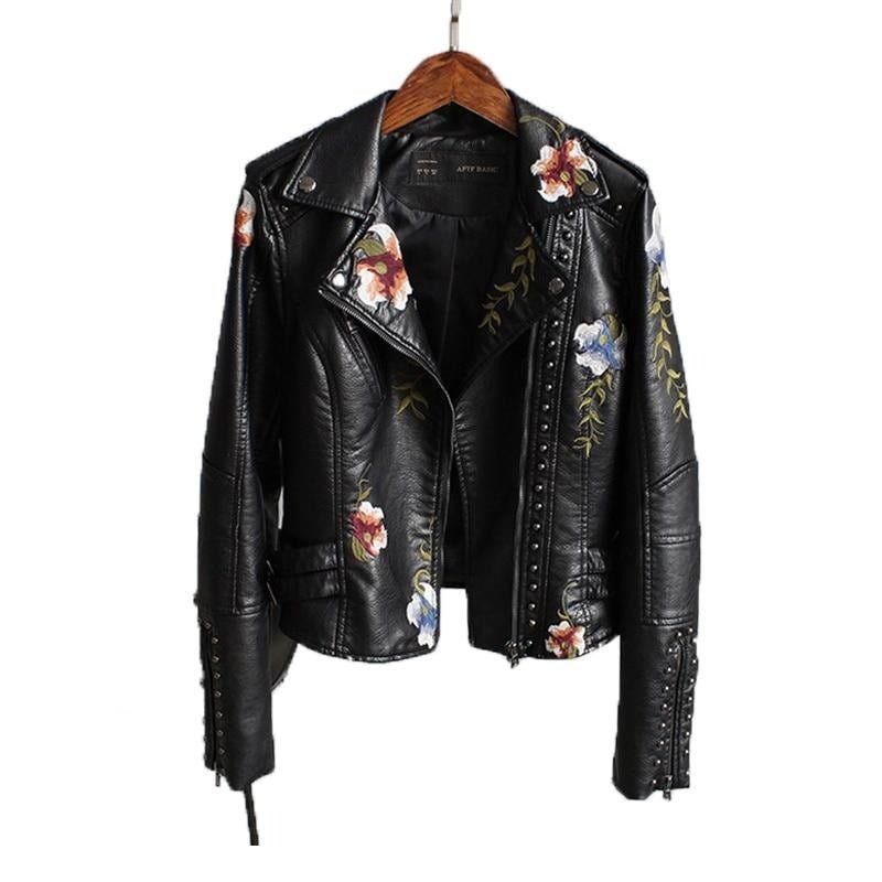 Women Floral Embroidered Faux Leather Jacket