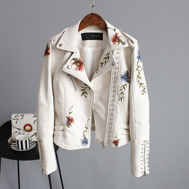 Women Floral Print Embroidery Faux Soft Leather Jacket Coat Turn - down Collar Casual Pu Motorcycle Black Punk Outerwear - n/a - Vimost Shop