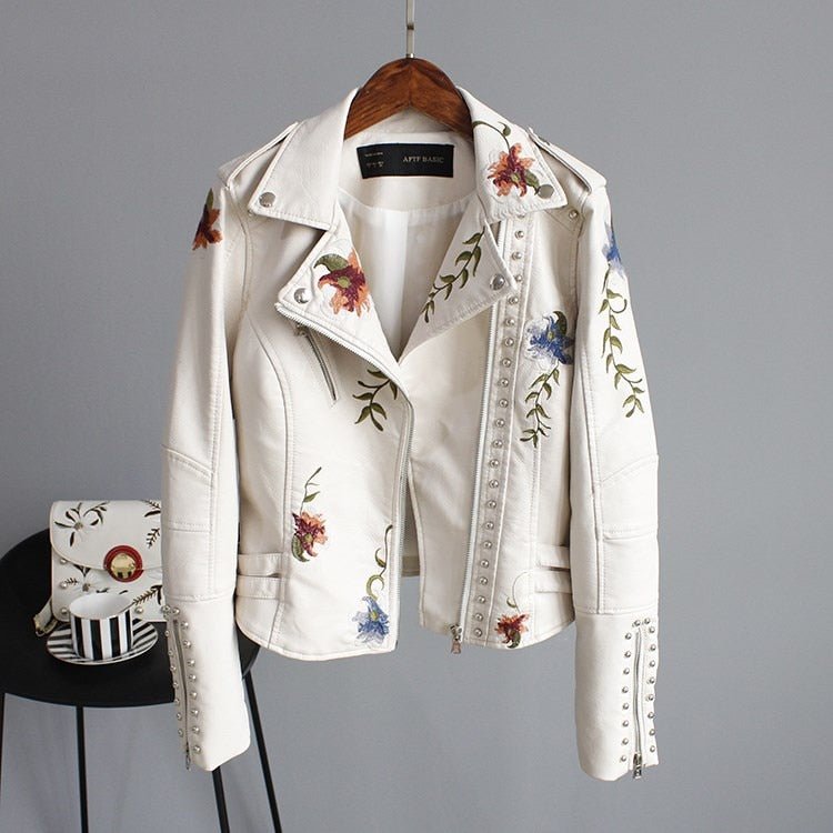 Women Floral Embroidered Faux Leather Jacket