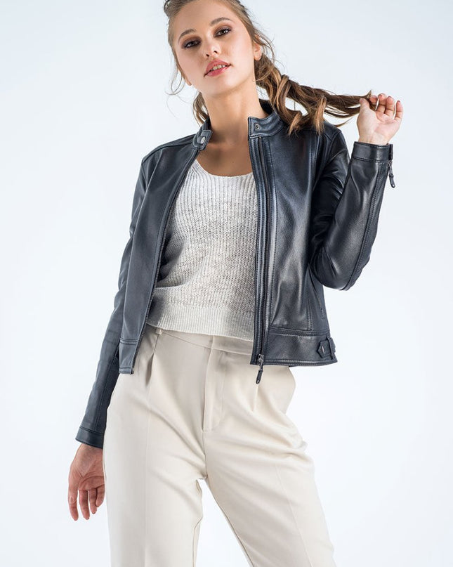 Women's Black Cropped Leather Jacket - Genuine Leather - Leather Jackets - Buy Me Fur Ltd