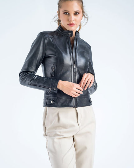Women's Black Cropped Leather Jacket - Genuine Leather - Leather Jackets - Buy Me Fur Ltd