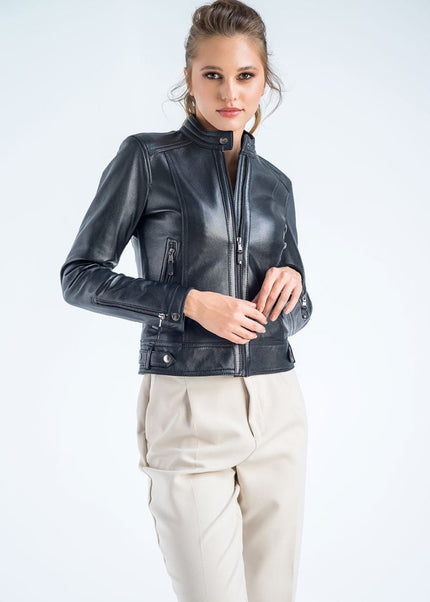 Women's Black Cropped Leather Jacket - Genuine Leather - Leather Jackets - Buy Me Fur Ltd