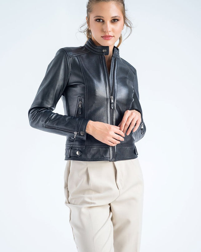 Women's Black Cropped Leather Jacket - Genuine Leather - Leather Jackets - Buy Me Fur Ltd