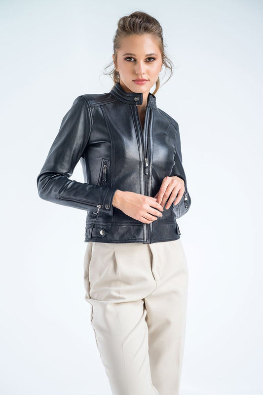 Women's Black Cropped Leather Jacket - Genuine Leather - Leather Jackets - Buy Me Fur Ltd