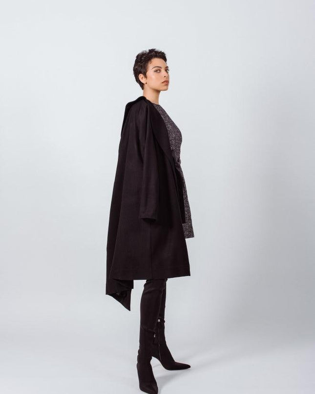 Women's Black Wool Long Coat - Winter Outerwear Flannel Jacket - black and white tweed jacket - Le Réussi