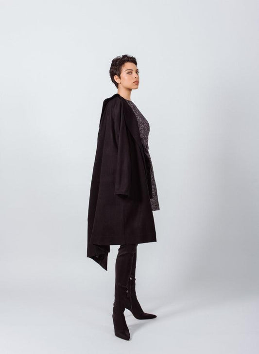 Women's Black Wool Long Coat - Winter Outerwear Flannel Jacket - black and white tweed jacket - Le Réussi