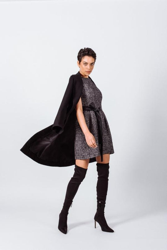 Women's Black Wool Long Coat - Winter Outerwear Flannel Jacket - black and white tweed jacket - Le Réussi