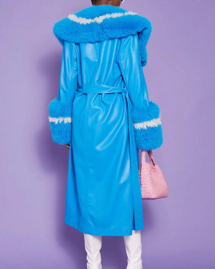 Women's Blue Faux Leather Trench Coat with Faux Fur Collar - Faux Leather Coats - Buy Me Fur Ltd