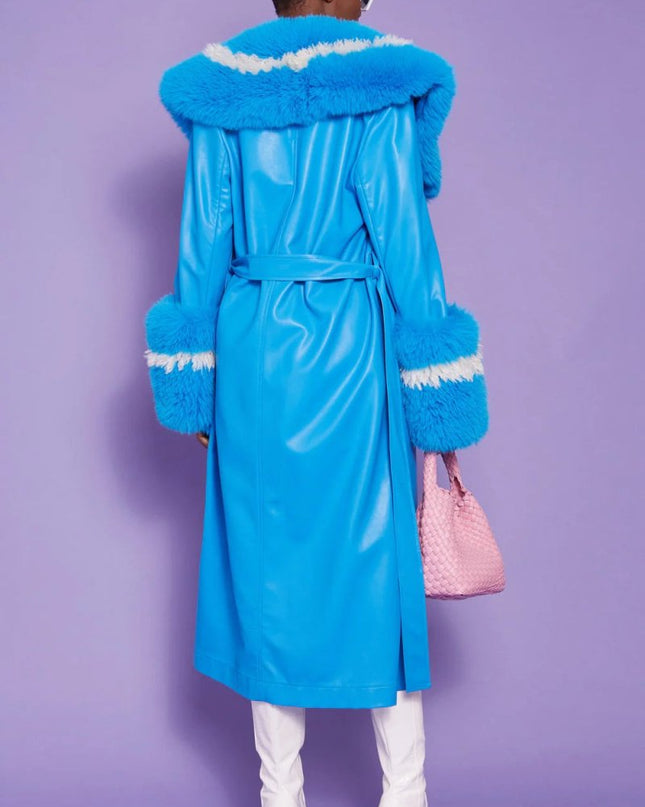 Women's Blue Faux Leather Trench Coat with Faux Fur Collar - Faux Leather Coats - Buy Me Fur Ltd