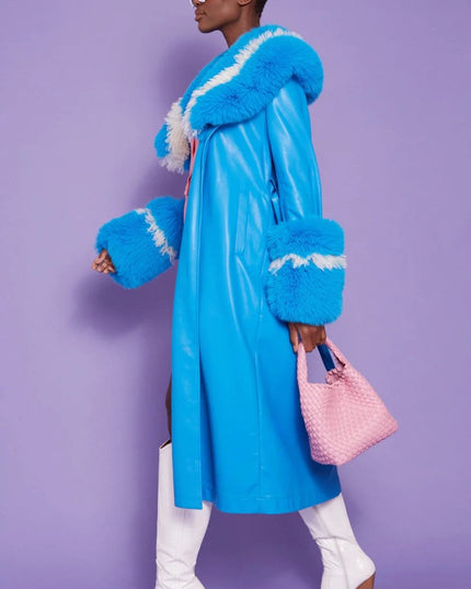 Women's Blue Faux Leather Trench Coat with Faux Fur Collar - Faux Leather Coats - Buy Me Fur Ltd