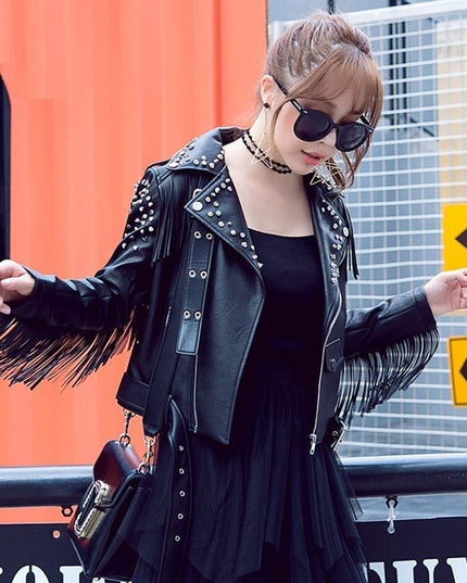 Women's Fringed Rivet Punk Biker Leather Jacket - Edgy Motorcycle Coat - n/a - Vimost Shop