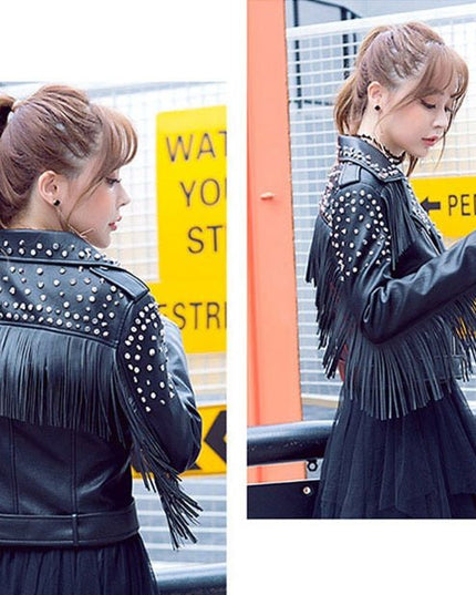 Women's Fringed Rivet Punk Biker Leather Jacket - Edgy Motorcycle Coat - n/a - Vimost Shop