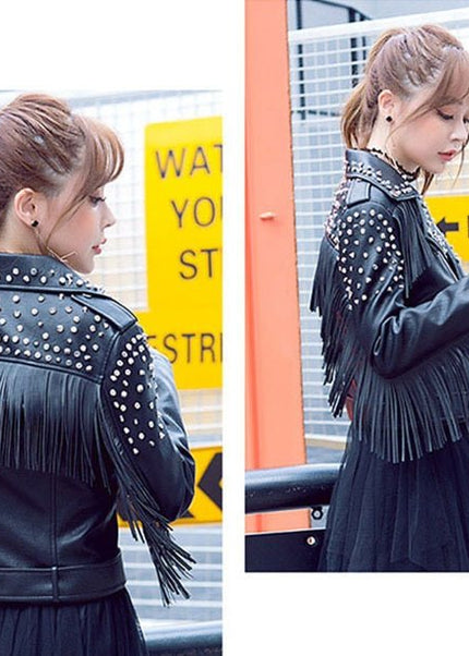 Women's Fringed Rivet Punk Biker Leather Jacket - Edgy Motorcycle Coat - n/a - Vimost Shop