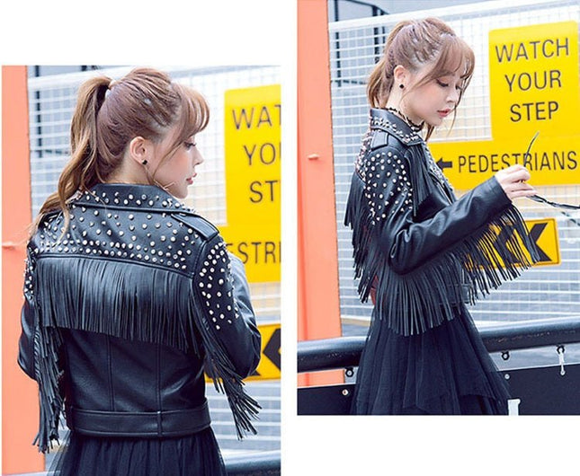 Women's Fringed Rivet Punk Biker Leather Jacket - Edgy Motorcycle Coat - n/a - Vimost Shop