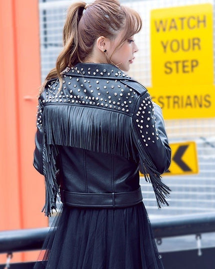 Women's Fringed Rivet Punk Biker Leather Jacket - Edgy Motorcycle Coat - n/a - Vimost Shop