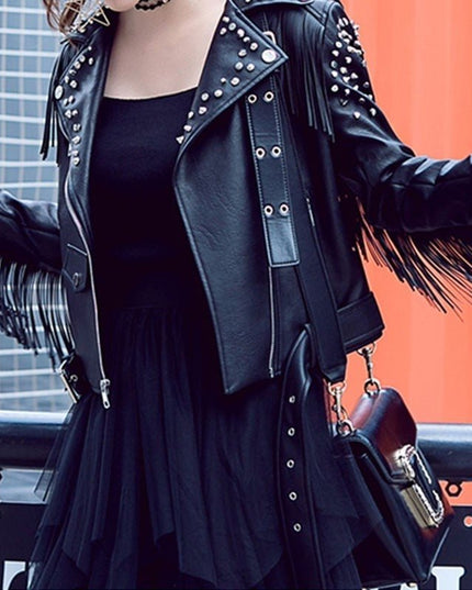 Women's Fringed Rivet Punk Biker Leather Jacket - Edgy Motorcycle Coat - n/a - Vimost Shop