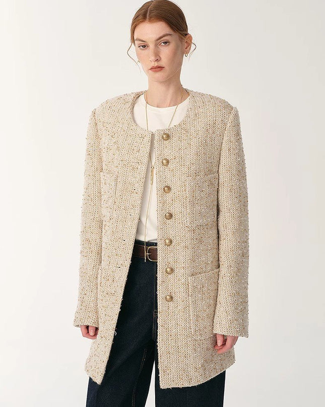 Women’s Heavy Wool Tweed Chanel - Style Jacket – Round Neck Slim Fit - suit - Firelady Sheepskin