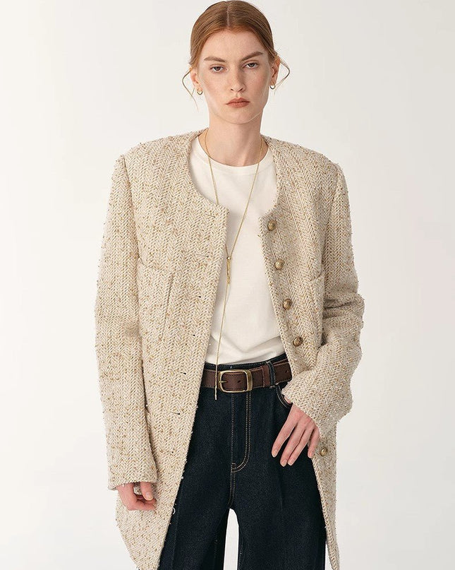 Women’s Heavy Wool Tweed Chanel - Style Jacket – Round Neck Slim Fit - suit - Firelady Sheepskin