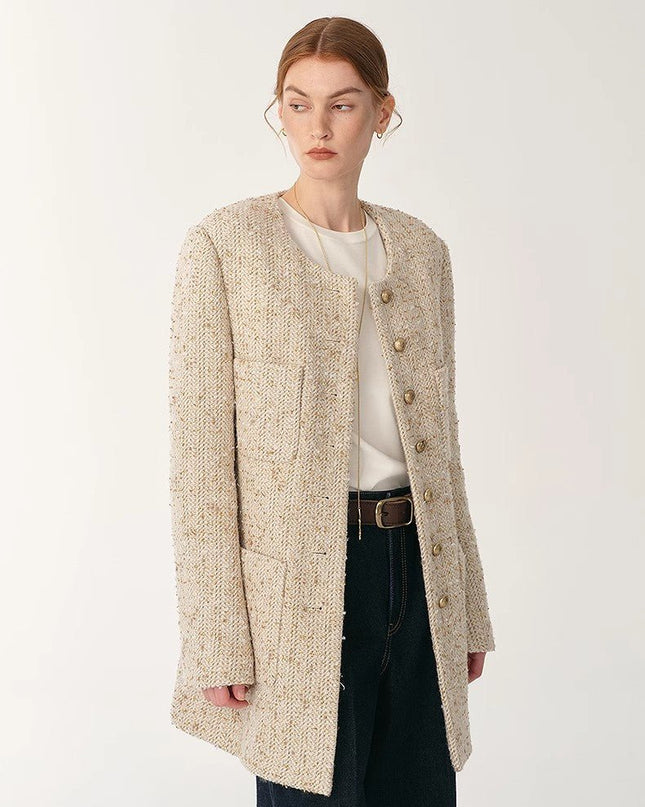 Women’s Heavy Wool Tweed Chanel - Style Jacket – Round Neck Slim Fit - suit - Firelady Sheepskin