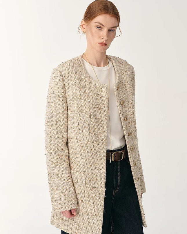 Women’s Heavy Wool Tweed Chanel - Style Jacket – Round Neck Slim Fit - suit - Firelady Sheepskin