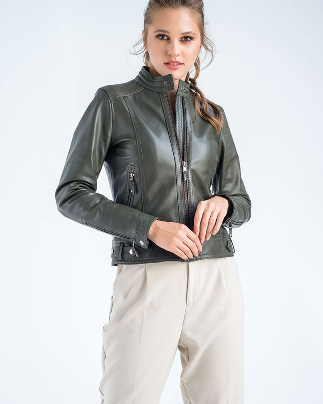Women's Olive Cropped Leather Jacket - Genuine Leather Outerwear - Leather Jackets - Buy Me Fur Ltd