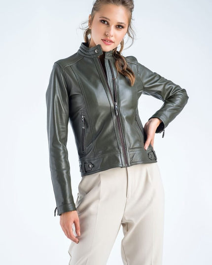 Women's Olive Cropped Leather Jacket - Genuine Leather Outerwear - Leather Jackets - Buy Me Fur Ltd