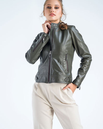 Women's Olive Cropped Leather Jacket - Genuine Leather Outerwear - Leather Jackets - Buy Me Fur Ltd