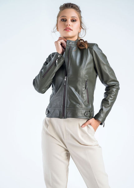 Women's Olive Cropped Leather Jacket - Genuine Leather Outerwear - Leather Jackets - Buy Me Fur Ltd