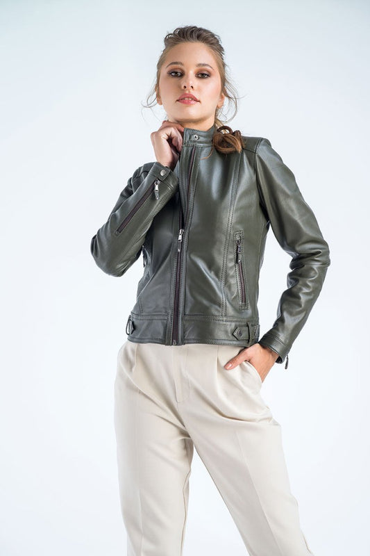 Women's Olive Cropped Leather Jacket - Genuine Leather Outerwear - Leather Jackets - Buy Me Fur Ltd