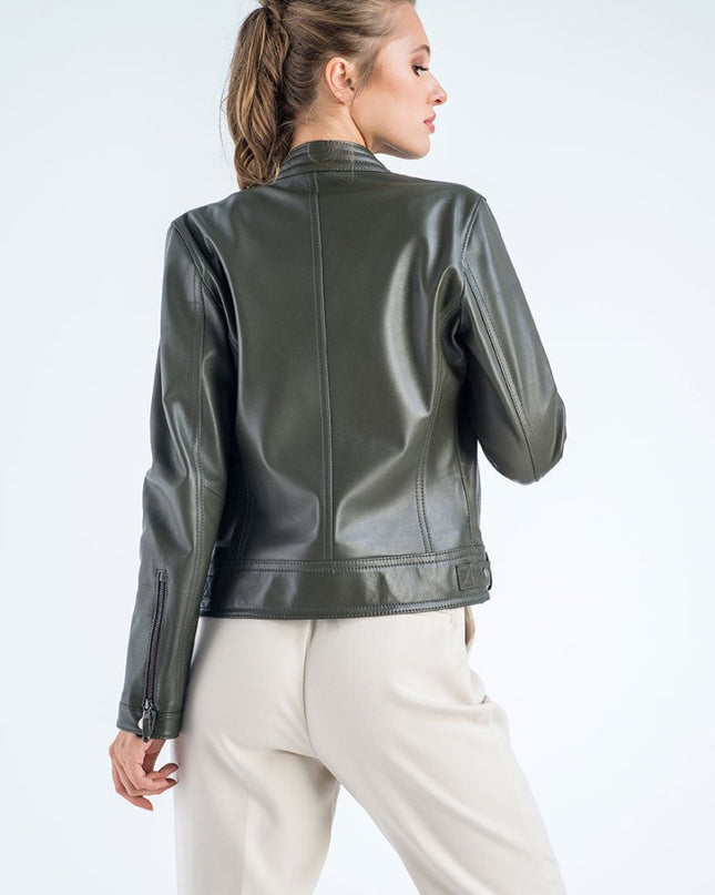 Women's Olive Cropped Leather Jacket - Genuine Leather Outerwear - Leather Jackets - Buy Me Fur Ltd