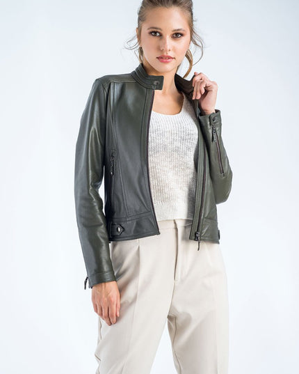 Women's Olive Cropped Leather Jacket - Genuine Leather Outerwear - Leather Jackets - Buy Me Fur Ltd