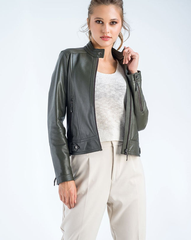 Women's Olive Cropped Leather Jacket - Genuine Leather Outerwear - Leather Jackets - Buy Me Fur Ltd