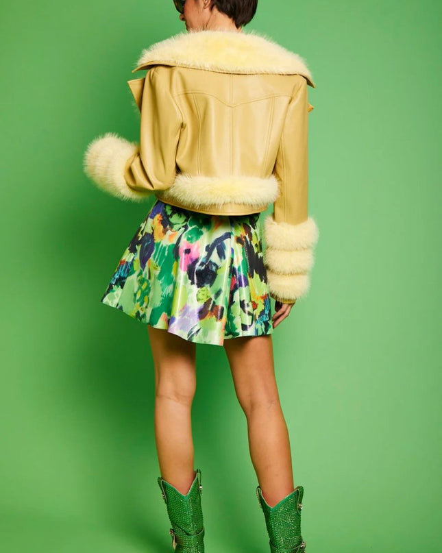 Yellow Biker Jacket with Faux Fur Collar and Cuffs - Faux Leather Jackets - Buy Me Fur Ltd