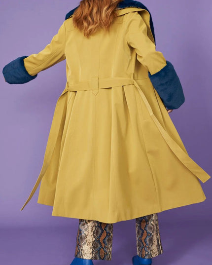 Yellow Faux Leather Coat with Faux Fur Collar - Stylish Trench - Faux Leather Coats - Buy Me Fur Ltd
