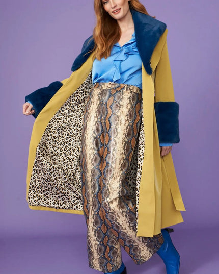 Yellow Faux Leather Coat with Faux Fur Collar - Stylish Trench - Faux Leather Coats - Buy Me Fur Ltd