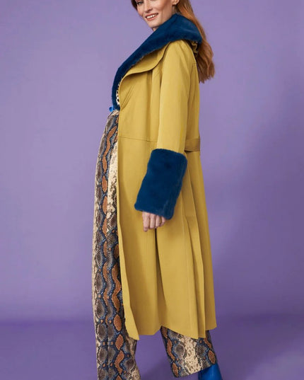 Yellow Faux Leather Coat with Faux Fur Collar - Stylish Trench - Faux Leather Coats - Buy Me Fur Ltd