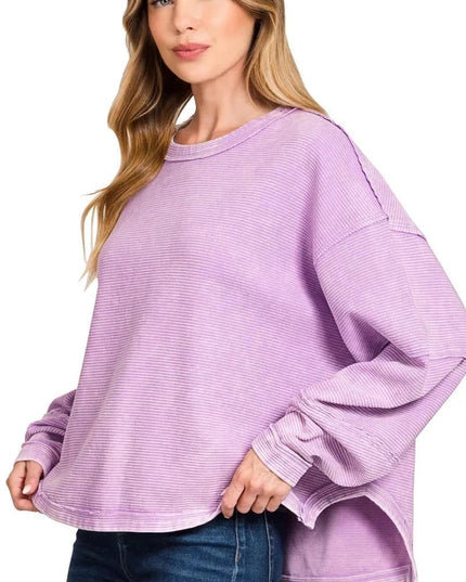 Zenana Acid Washed Exposed - Seam Sweatshirt - Trendsi