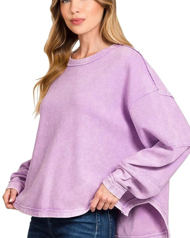 Zenana Acid Washed Exposed - Seam Sweatshirt - Trendsi