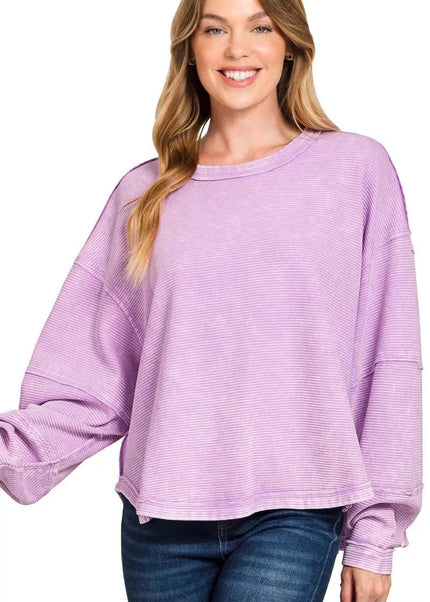 Zenana Acid Washed Exposed - Seam Sweatshirt - Trendsi