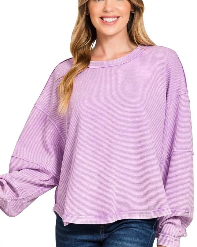 Zenana Acid Washed Exposed - Seam Sweatshirt - Trendsi