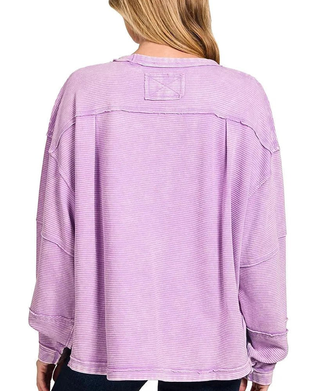 Zenana Acid Washed Exposed - Seam Sweatshirt - Trendsi