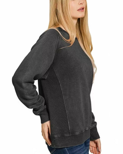 Zenana Acid Washed Fleece Sweatshirt with Side Rib - Trendsi
